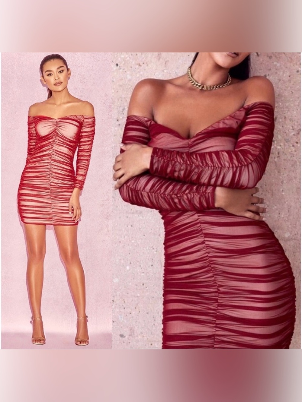 House Of CB, 'Fifi' Red Wine Ruched Stretch Tulle Dress Size Small
